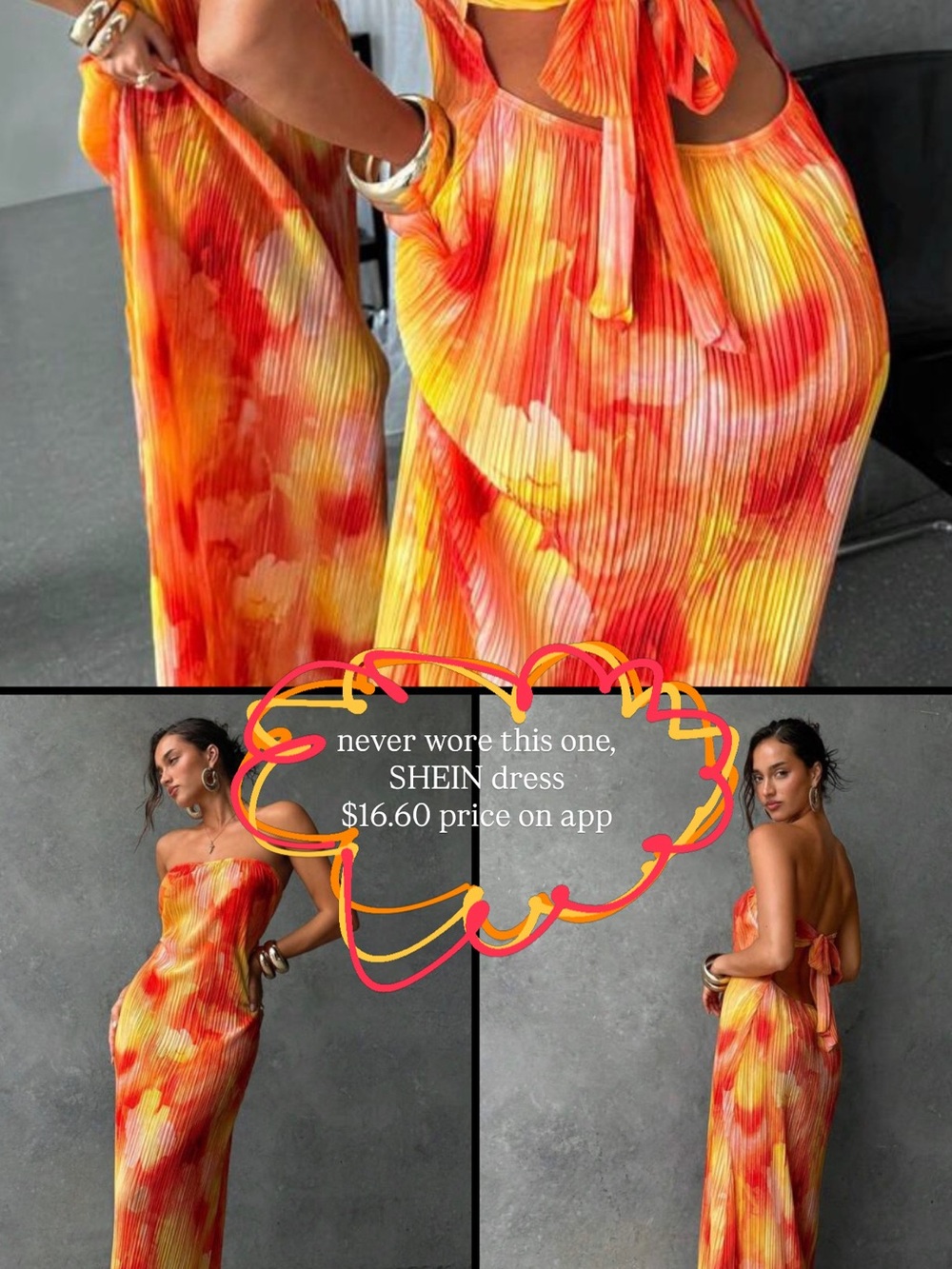 SHEIN Strapless Pleated Maxi Dress in Orange and Yellow Tie-Dye